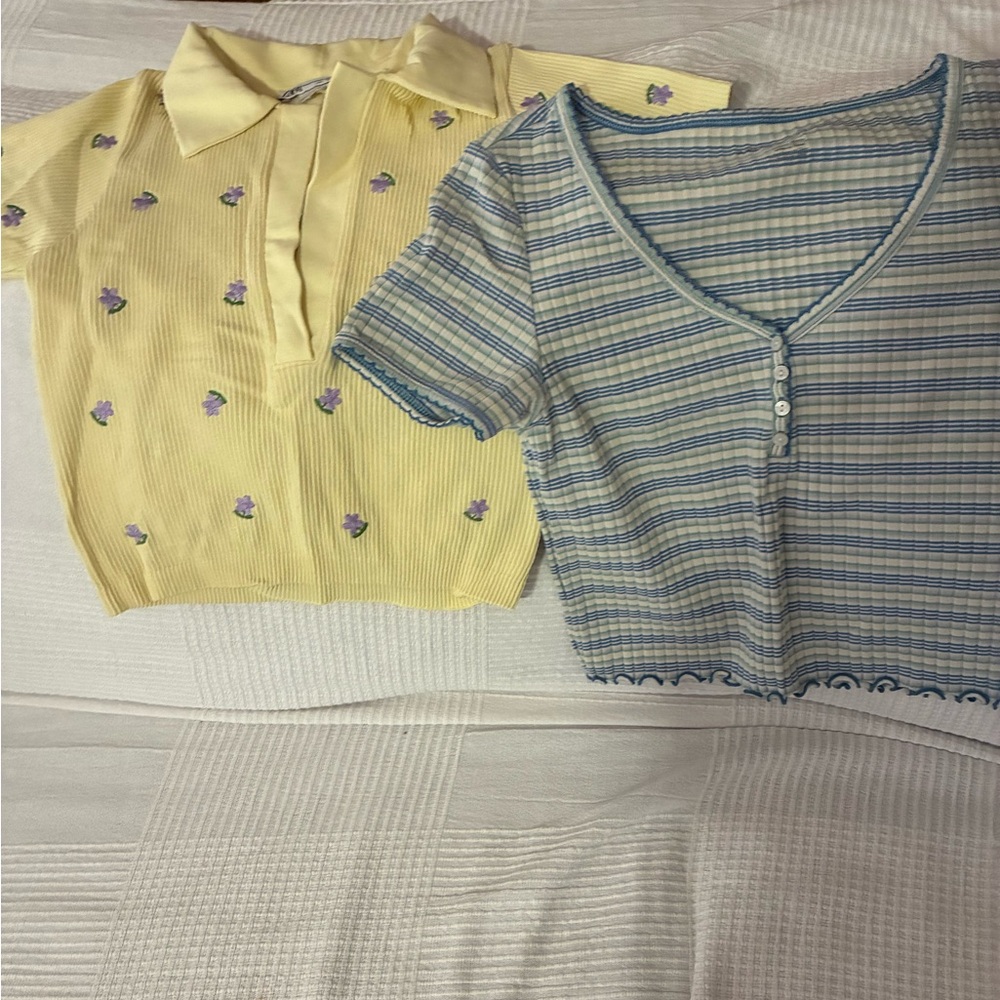 Yellow Floral Polo Crop Top & Blue Stripe Henley Crop Top